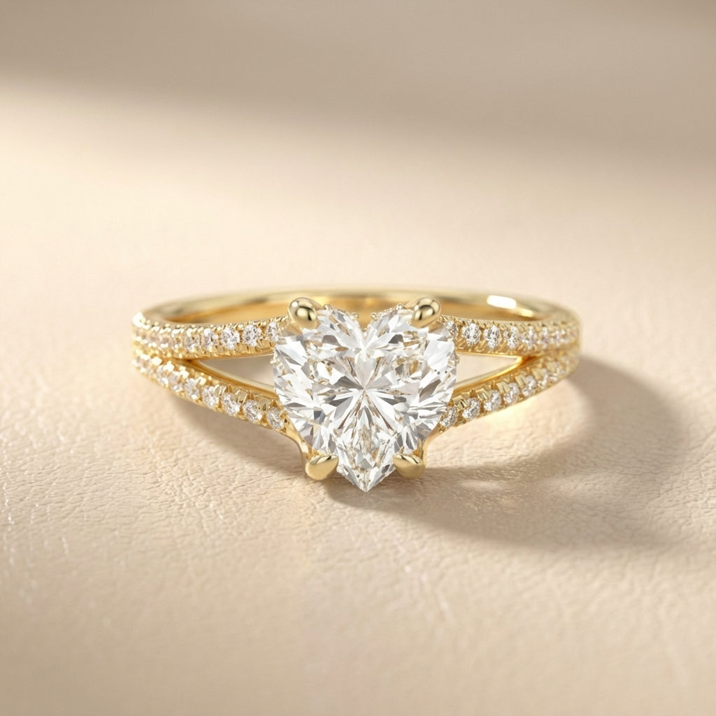 Heart Cut Lab Grown Diamond Solitaire Engagement Ring in rich Yellow Gold with pavé split shank.