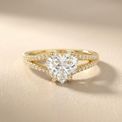 Heart Cut Lab Grown Diamond Solitaire Engagement Ring in rich Yellow Gold with pavé split shank.