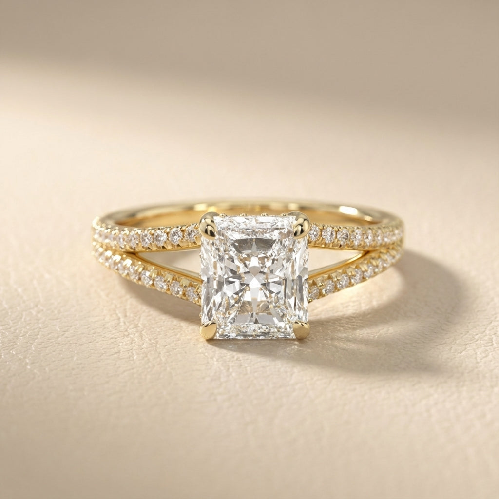 Radiant Cut Lab Grown Diamond Engagement Ring with Pavé Split Shank in Yellow Gold