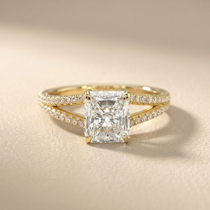 Radiant Cut Lab Grown Diamond Engagement Ring with Pavé Split Shank in Yellow Gold