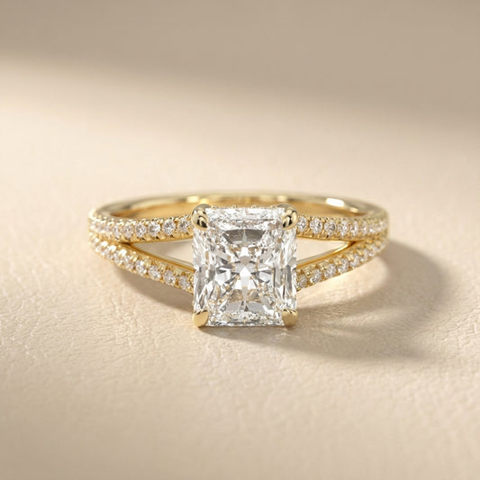 Radiant Cut Lab Grown Diamond Engagement Ring with Pavé Split Shank in Yellow Gold