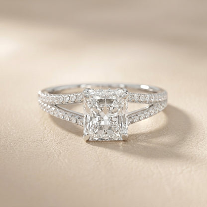 Radiant Cut Lab Grown Diamond Engagement Ring with Pavé Split Shank in Platinum