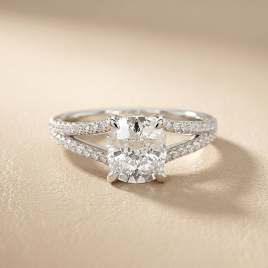 Cushion Cut Lab Grown Diamond Engagement Ring with Split Shank in Silver