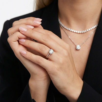 Round Cut Lab Grown Diamond Solitaire Engagement Ring with Pavé Split Shank in Rose Gold