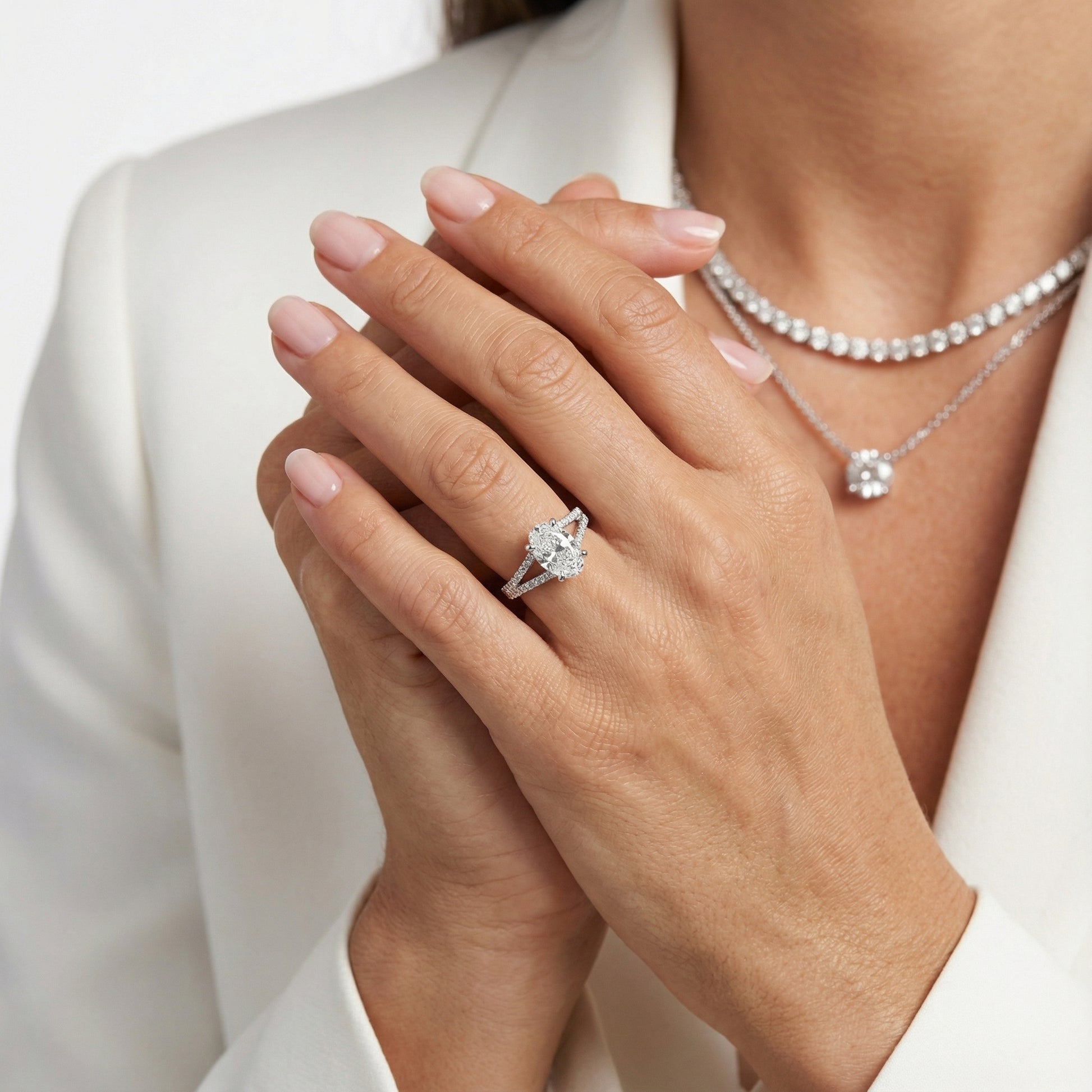 Oval Cut Lab Grown Diamond Solitaire Engagement Ring in Platinum with Pavé Split Shank