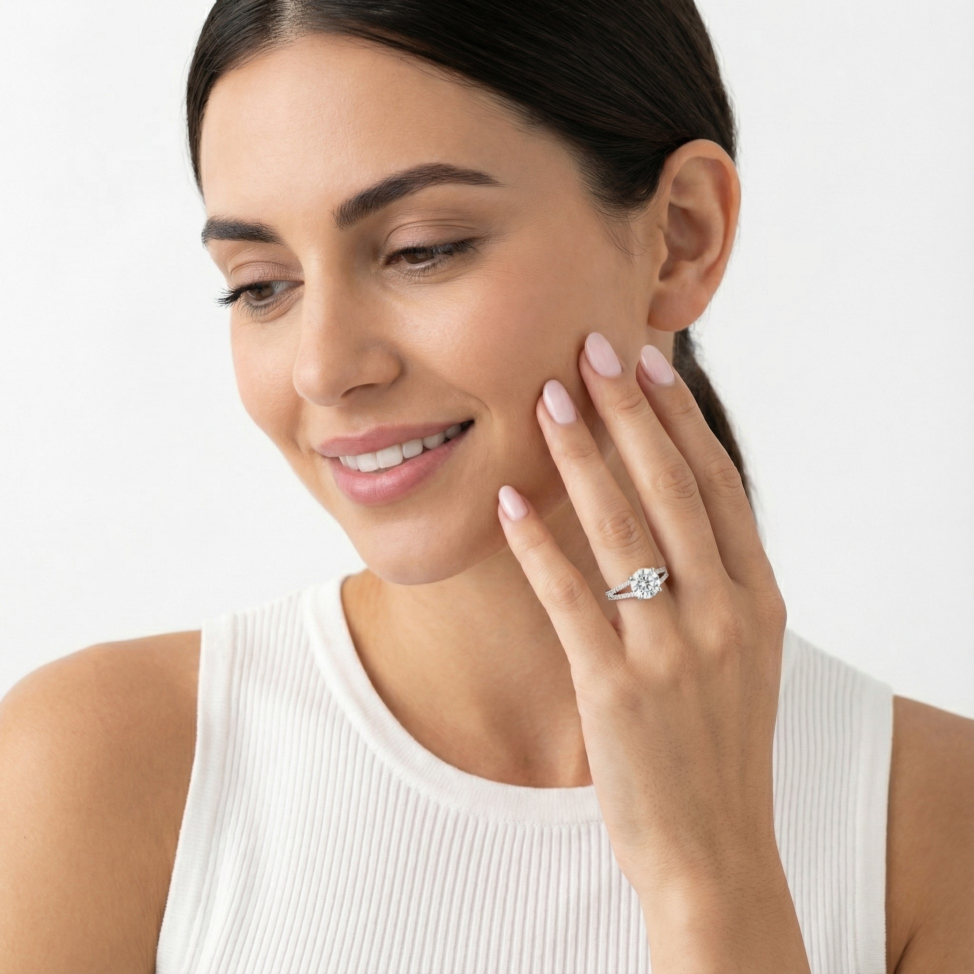 Round Cut Lab Grown Diamond Solitaire Engagement Ring with Pavé Split Shank in Platinum