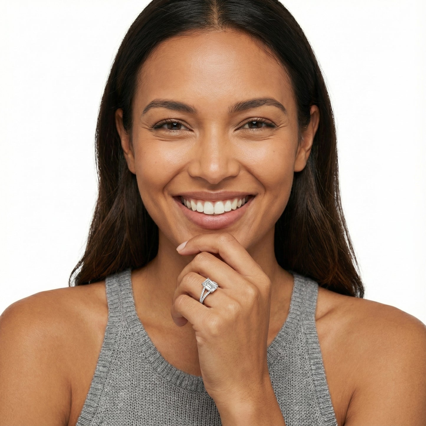 Emerald Cut Lab Grown Diamond Split Shank Engagement Ring in Platinum