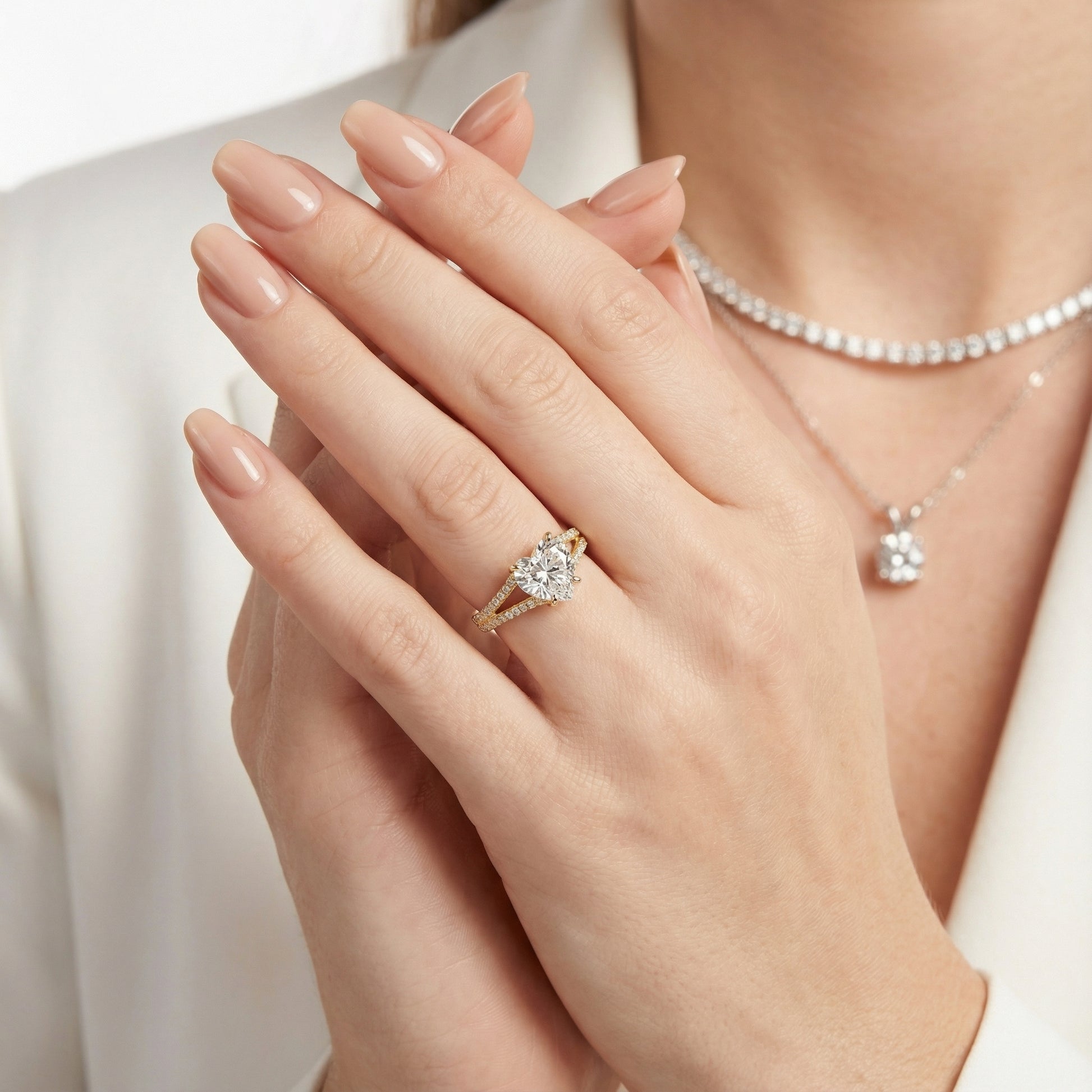 Heart Cut Lab Grown Diamond Solitaire Engagement Ring in rich Yellow Gold with pavé split shank.