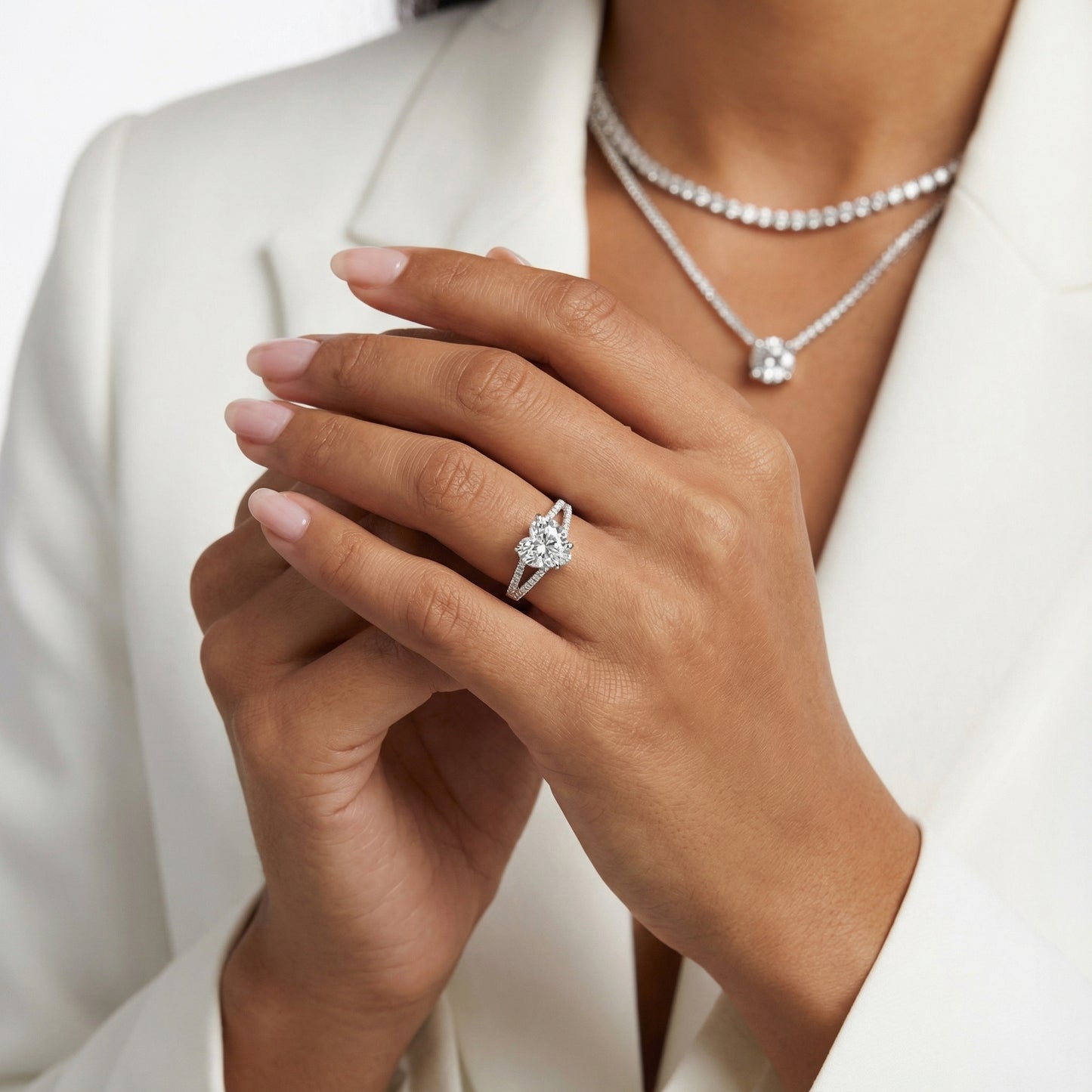 Heart Cut Lab Grown Diamond Solitaire Engagement Ring in brilliant White Gold with pavé split shank.