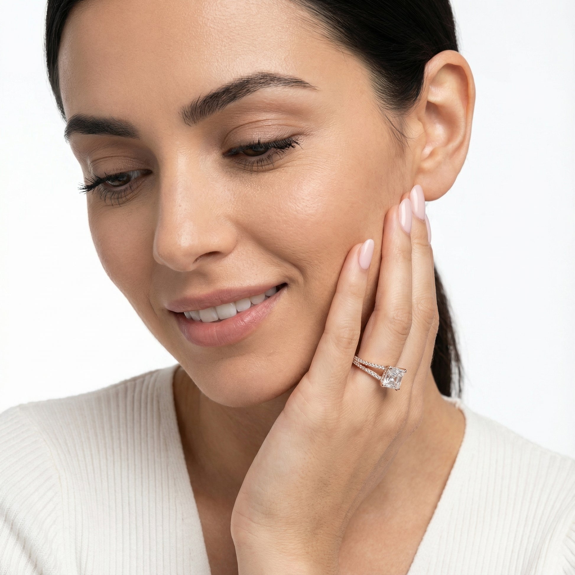 Asscher Cut Lab Grown Diamond Solitaire Engagement Ring with Pavé Split Shank in Rose Gold