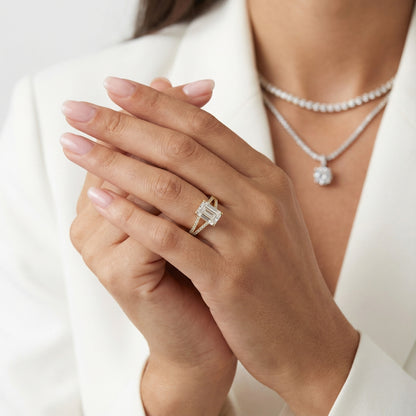 Emerald Cut Lab Grown Diamond Split Shank Engagement Ring in Yellow Gold