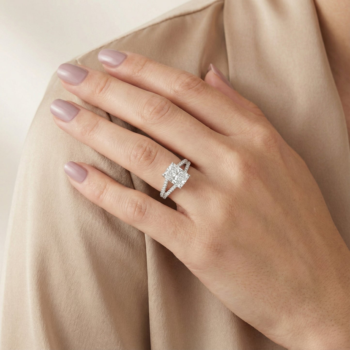 Radiant Cut Lab Grown Diamond Engagement Ring with Pavé Split Shank in Platinum