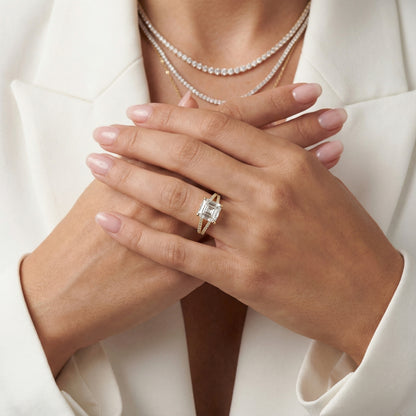 Asscher Cut Lab Grown Diamond Solitaire Engagement Ring with Pavé Split Shank in Yellow Gold