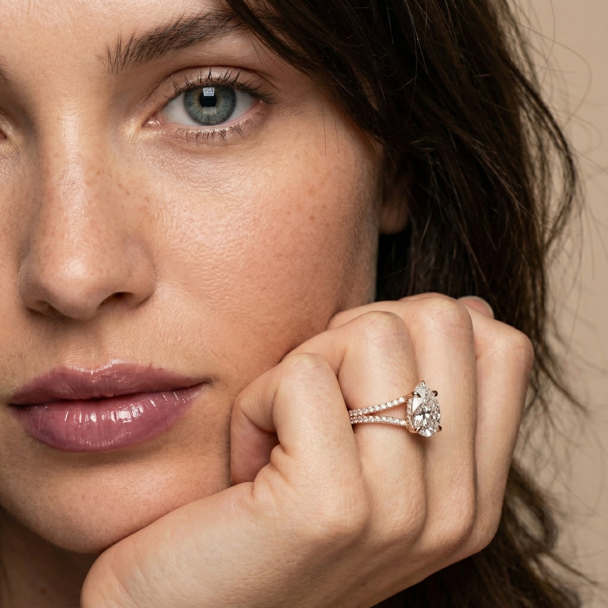 Pear Cut Lab Grown Diamond Split Shank Solitaire Engagement Ring in Rose Gold