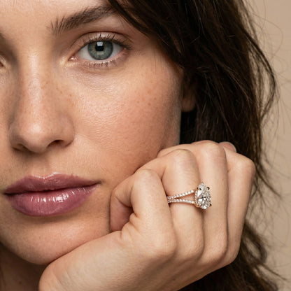 Pear Cut Lab Grown Diamond Split Shank Solitaire Engagement Ring in Rose Gold