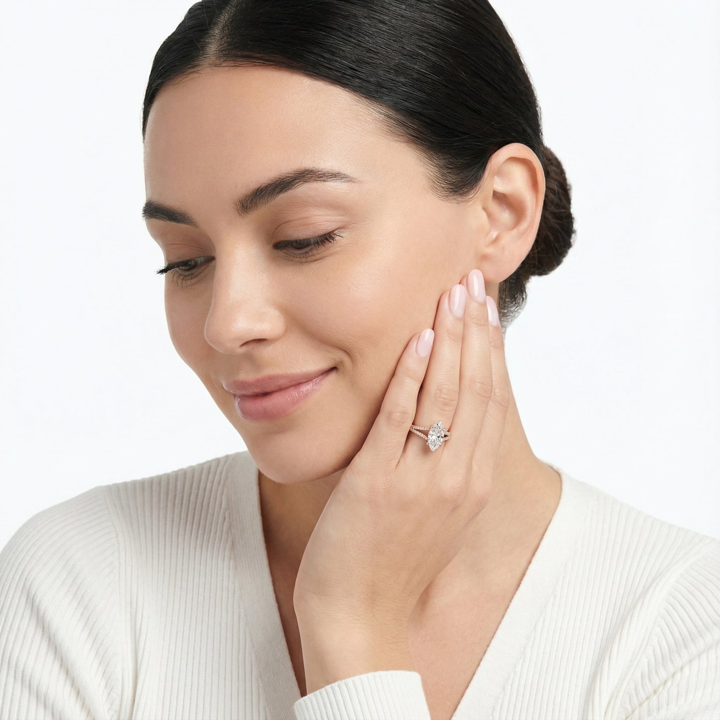 Marquise Cut Lab Grown Diamond Solitaire Engagement Ring with Pave Split Shank in Rose Gold