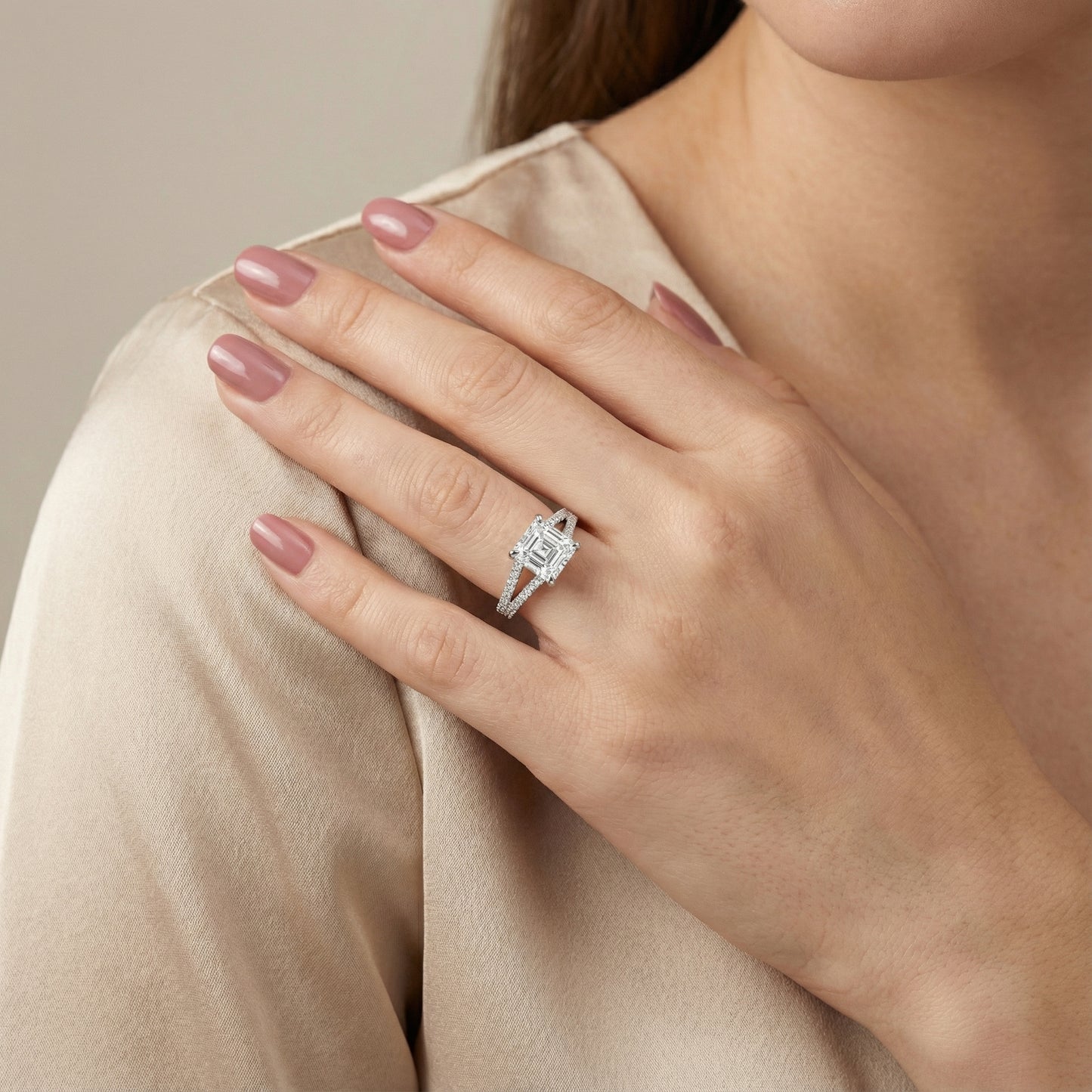 Asscher Cut Lab Grown Diamond Solitaire Engagement Ring with Pavé Split Shank in Platinum