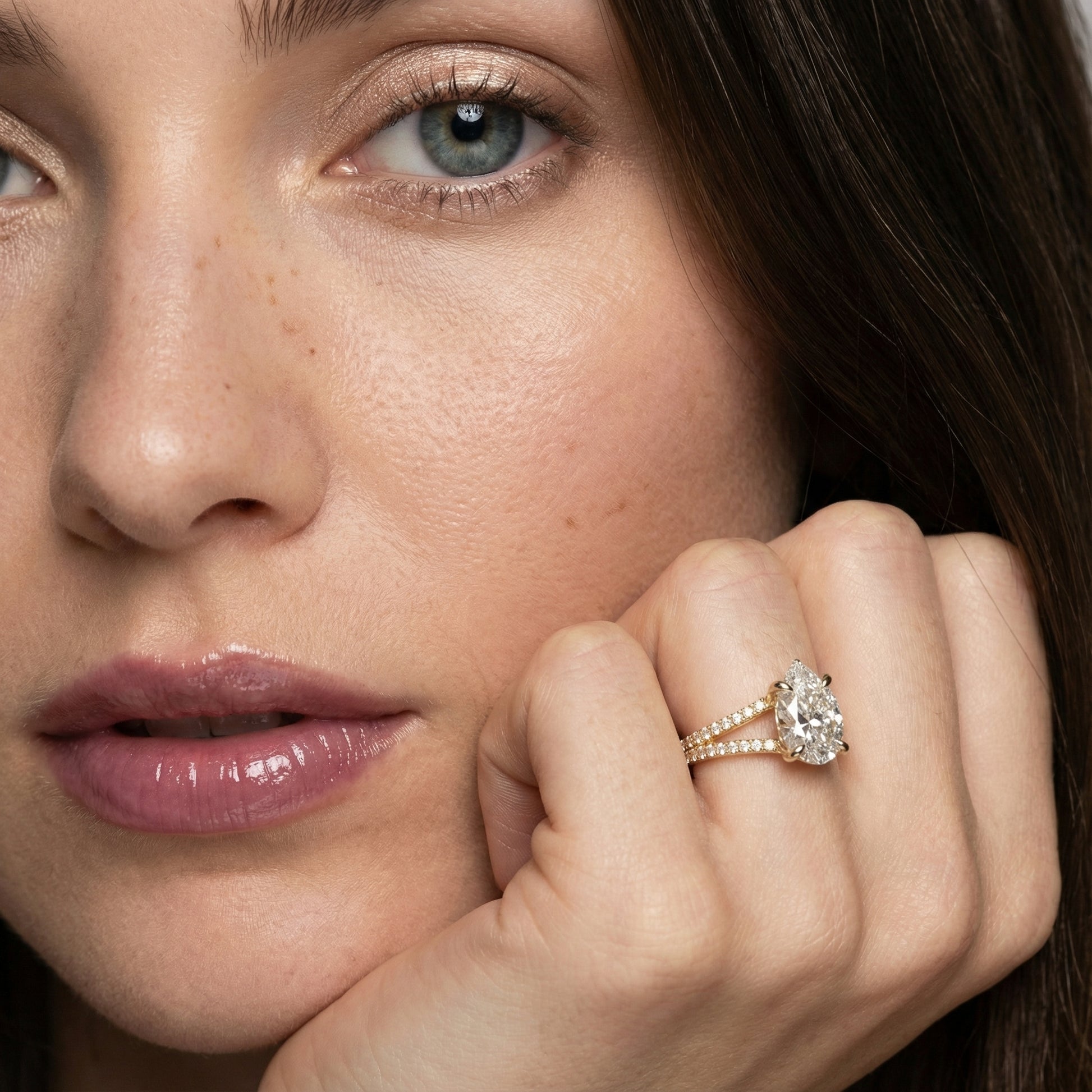 Pear Cut Lab Grown Diamond Split Shank Solitaire Engagement Ring in Yellow Gold