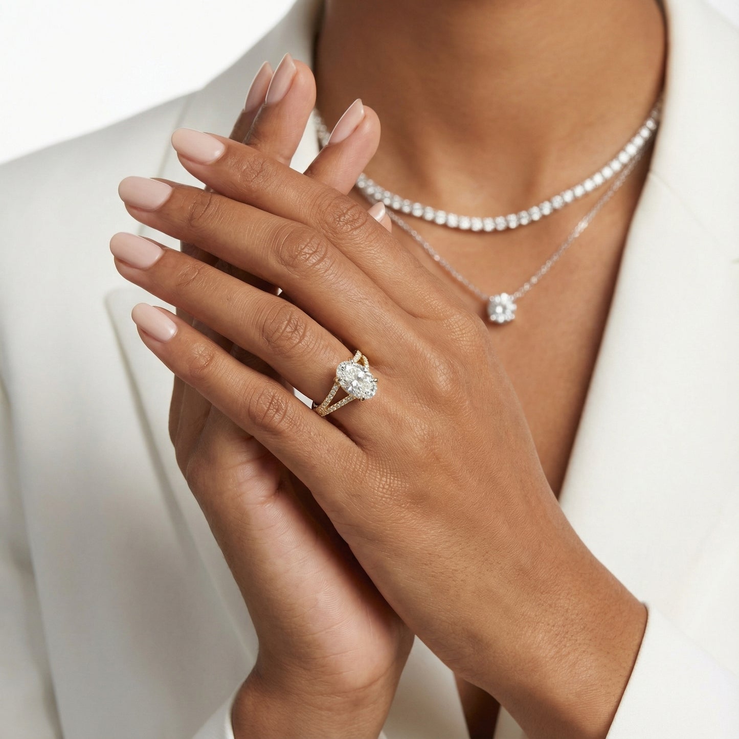 Oval Cut Lab Grown Diamond Solitaire Engagement Ring in Yellow Gold with Pavé Split Shank