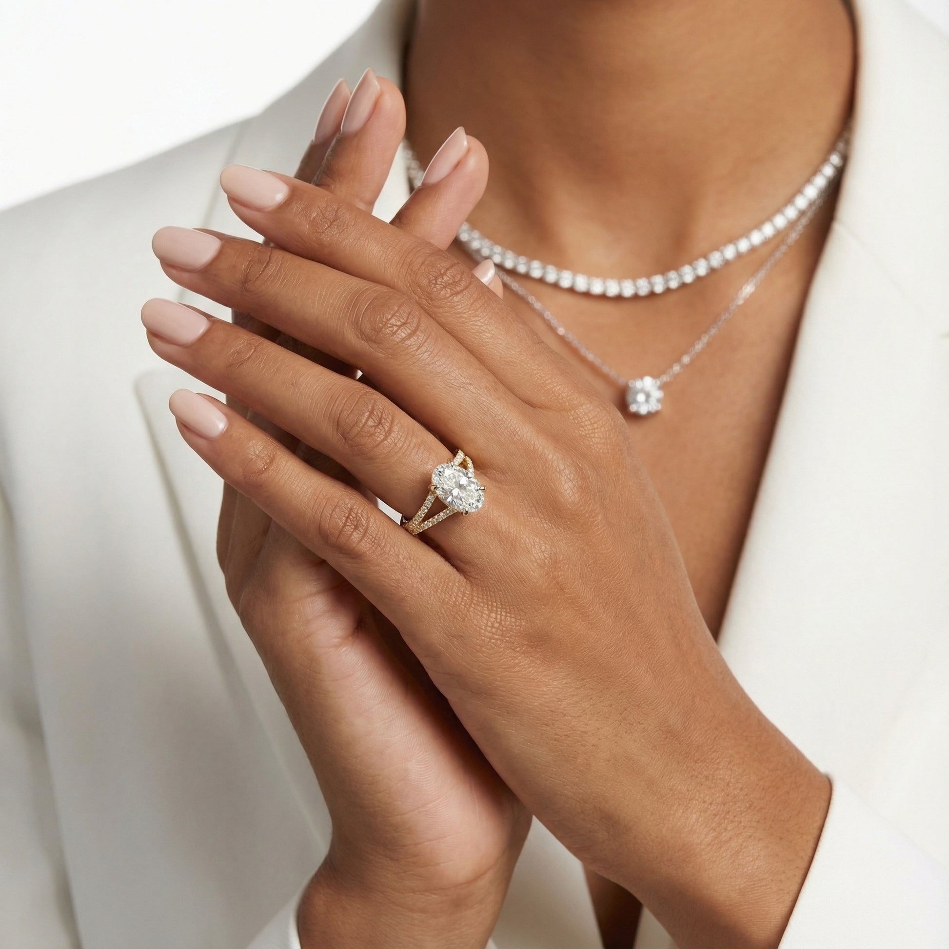 Oval Cut Lab Grown Diamond Solitaire Engagement Ring in Yellow Gold with Pavé Split Shank