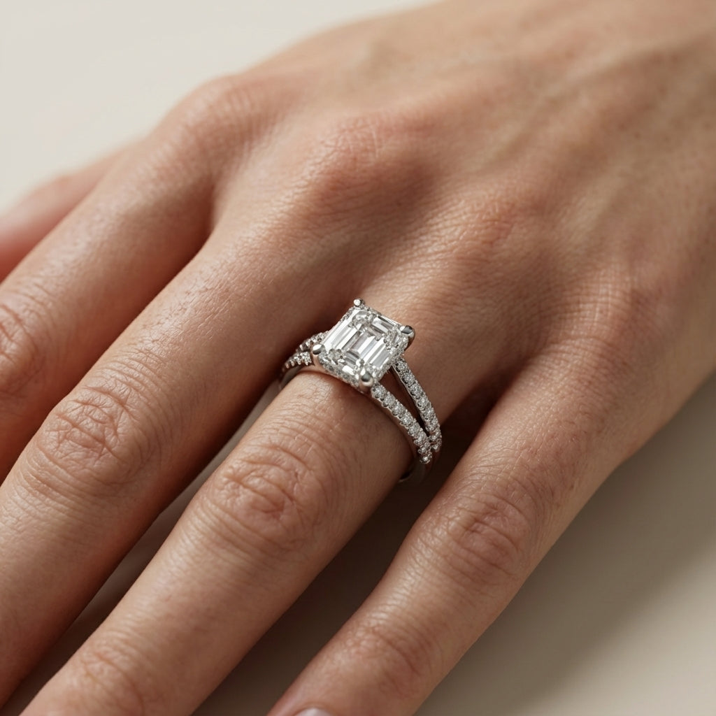 Asscher Cut Lab Grown Diamond Solitaire Engagement Ring with Pavé Split Shank in White Gold