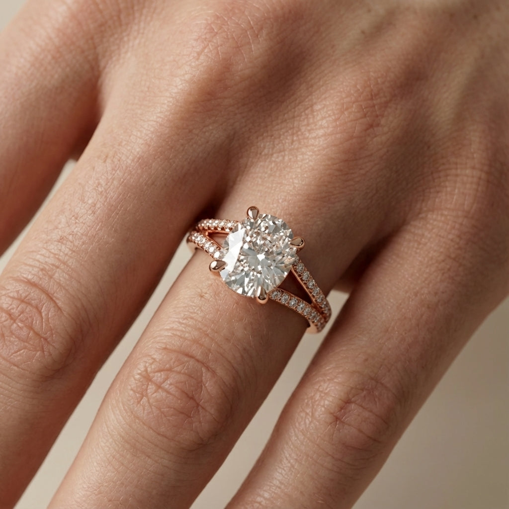 Cushion Cut Lab Grown Diamond Engagement Ring with Split Shank in Rose Gold