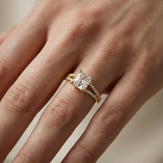 Asscher Cut Lab Grown Diamond Solitaire Engagement Ring with Pavé Split Shank in Yellow Gold