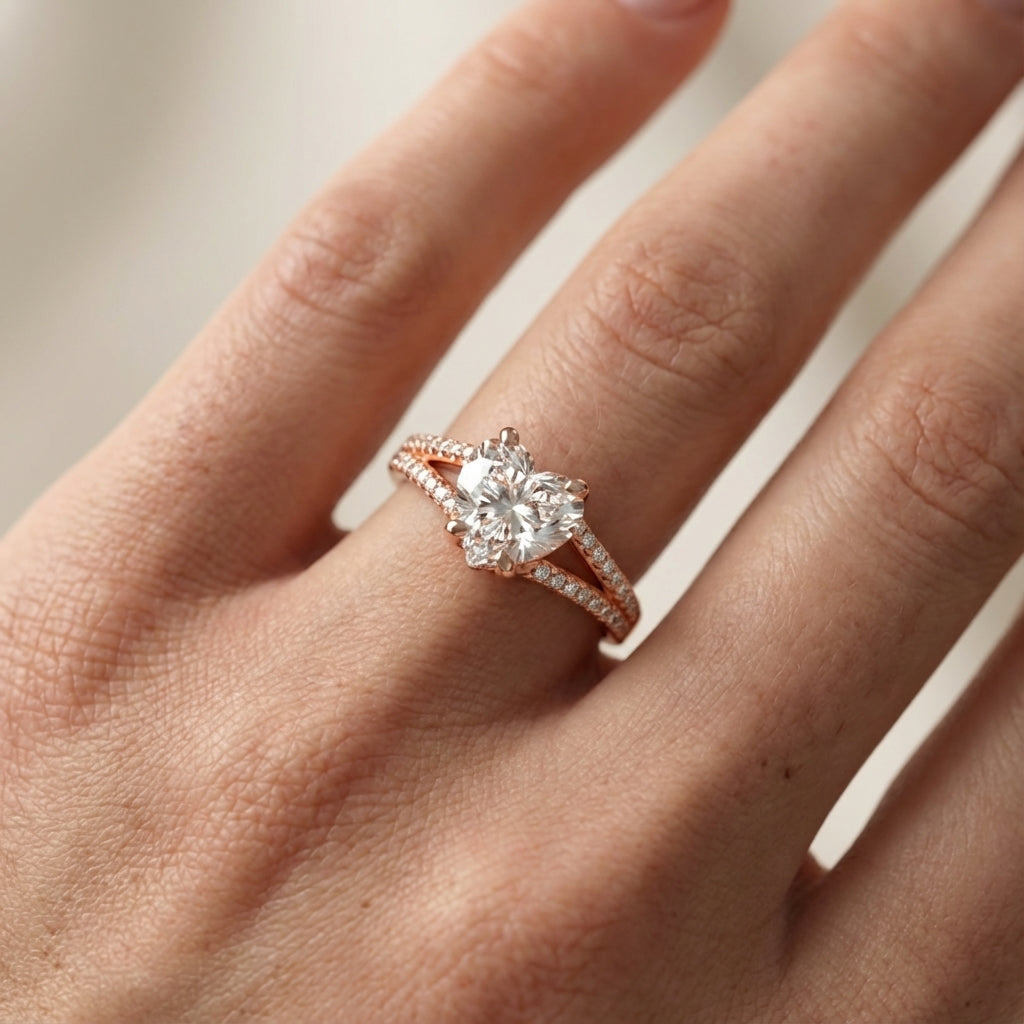 Heart Cut Lab Grown Diamond Solitaire Engagement Ring in warm Rose Gold with pavé accents.