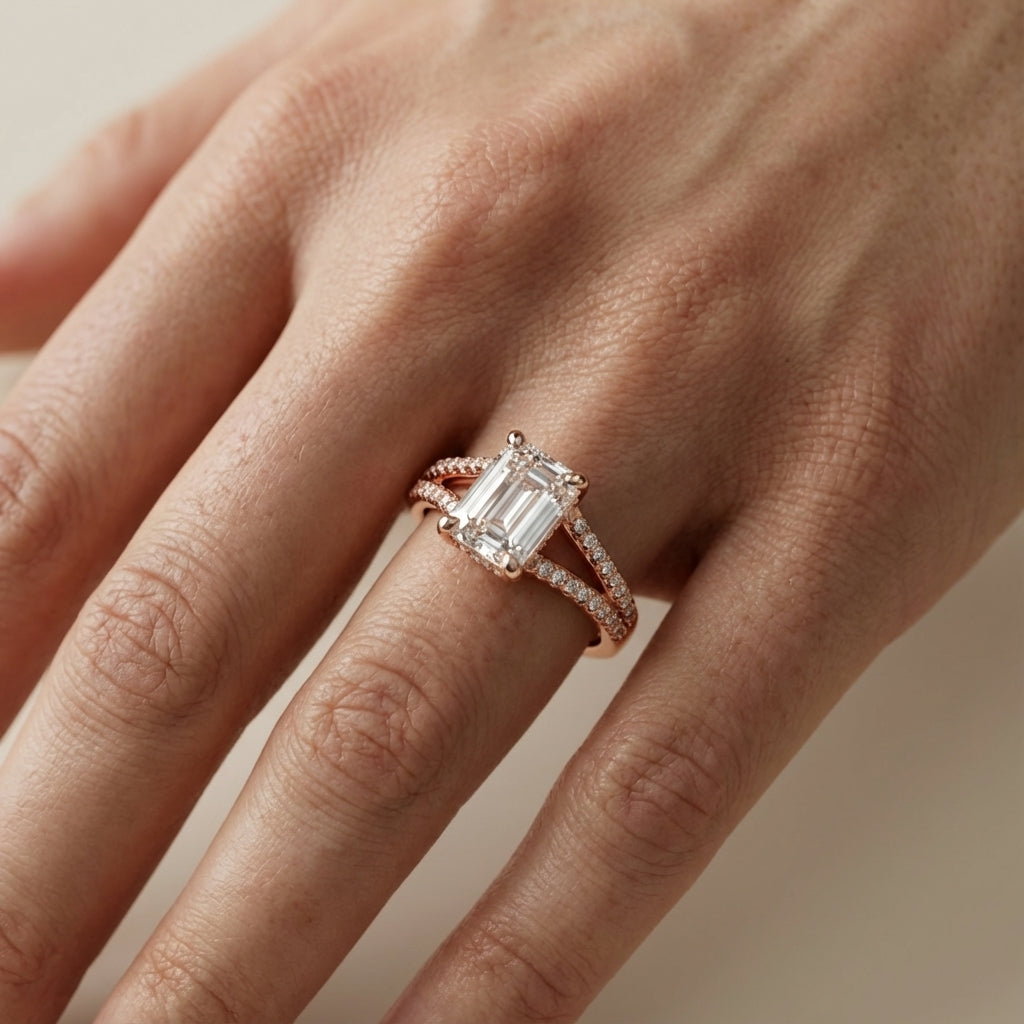 Emerald Cut Lab Grown Diamond Split Shank Engagement Ring in Rose Gold