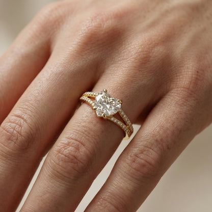 Heart Cut Lab Grown Diamond Solitaire Engagement Ring in rich Yellow Gold with pavé split shank.