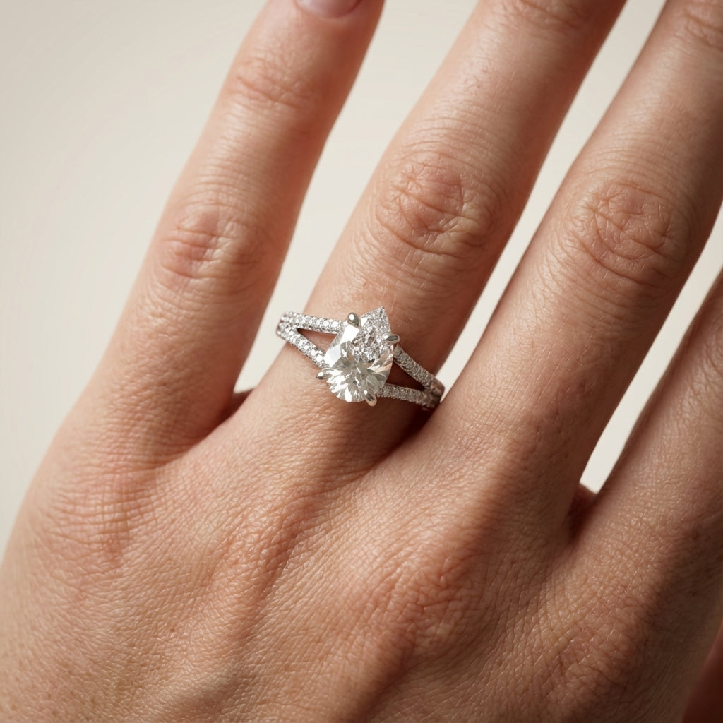 Pear Cut Lab Grown Diamond Split Shank Solitaire Engagement Ring in White Gold