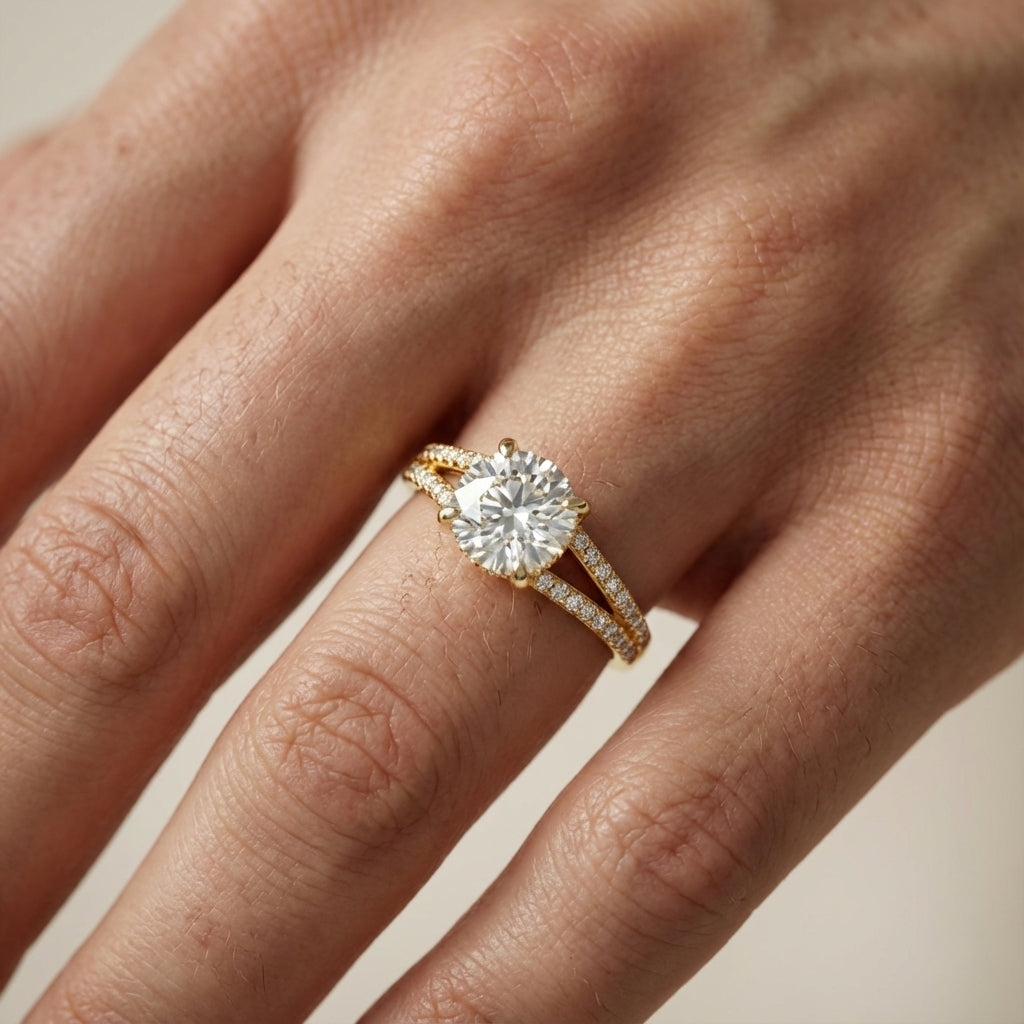 Round Cut Lab Grown Diamond Solitaire Engagement Ring with Pavé Split Shank in Yellow Gold