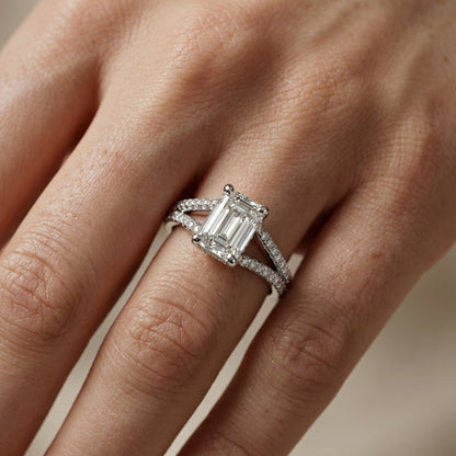 Emerald Cut Lab Grown Diamond Split Shank Engagement Ring in Platinum
