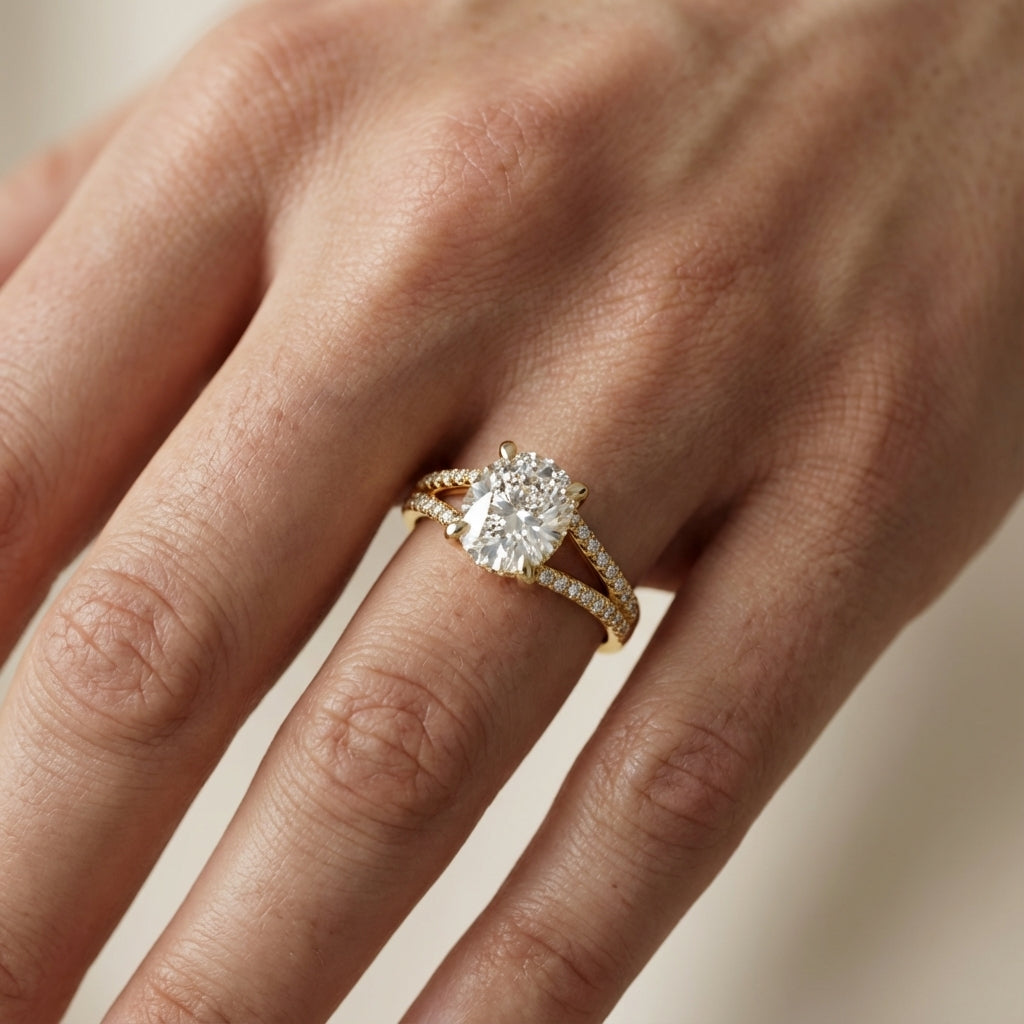 Cushion Cut Lab Grown Diamond Engagement Ring with Split Shank in Yellow Gold