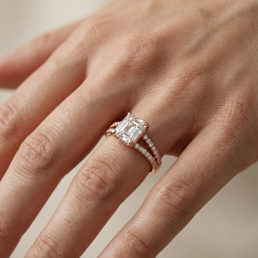 Asscher Cut Lab Grown Diamond Solitaire Engagement Ring with Pavé Split Shank in Rose Gold
