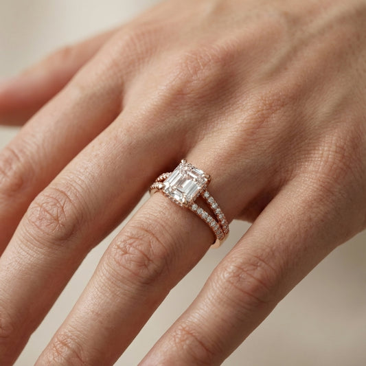 Asscher Cut Lab Grown Diamond Solitaire Engagement Ring with Pavé Split Shank in Rose Gold