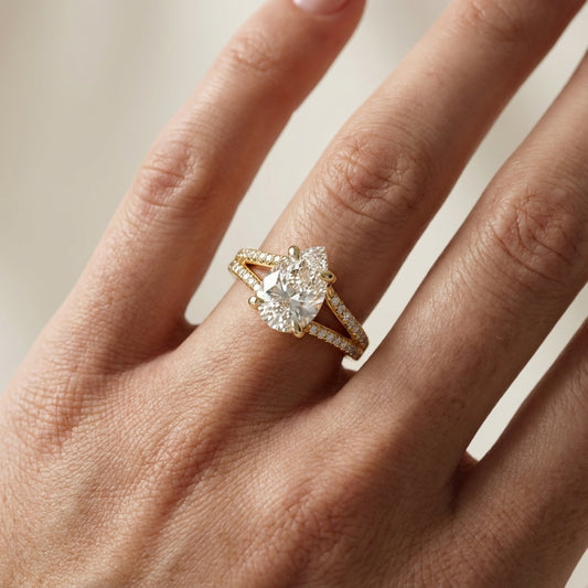 Pear Cut Lab Grown Diamond Split Shank Solitaire Engagement Ring in Yellow Gold