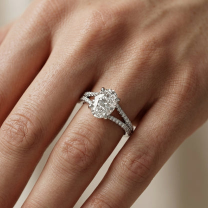 Oval Cut Lab Grown Diamond Solitaire Engagement Ring in Silver with Pavé Split Shank