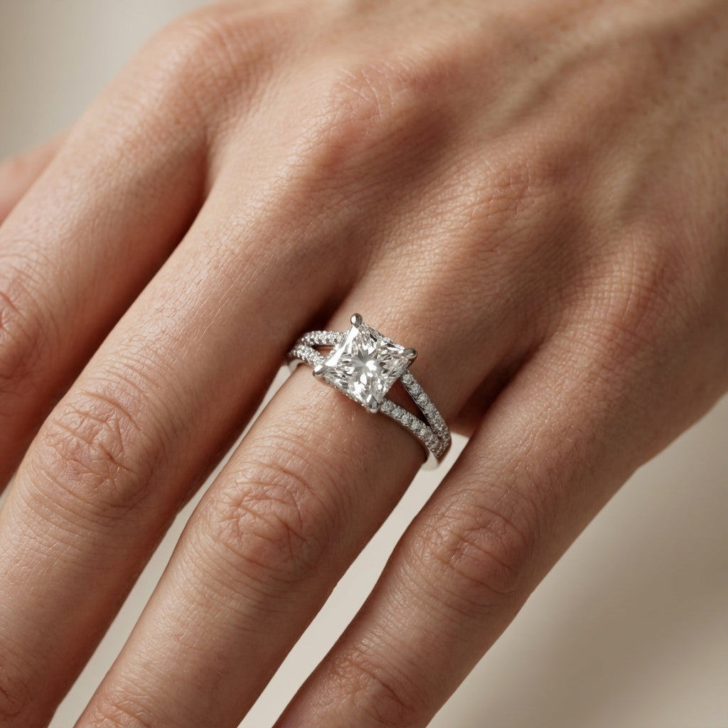 Princess Cut Lab Grown Diamond Split Shank Engagement Ring in Silver