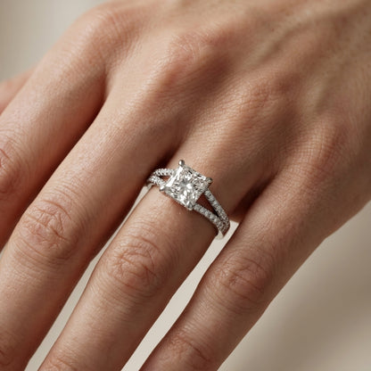 Princess Cut Lab Grown Diamond Split Shank Engagement Ring in Silver