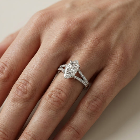 Marquise Cut Lab Grown Diamond Solitaire Engagement Ring with Pave Split Shank in White Gold