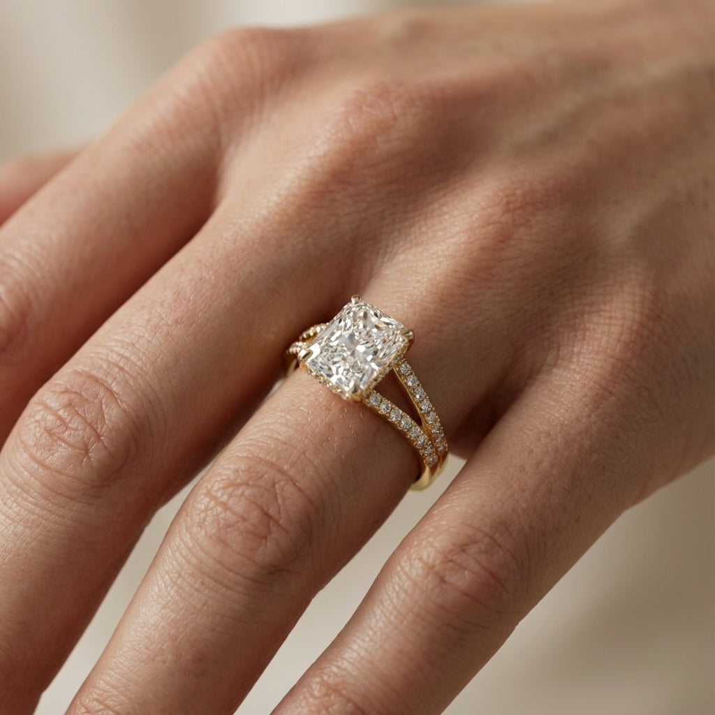 Radiant Cut Lab Grown Diamond Engagement Ring with Pavé Split Shank in Yellow Gold