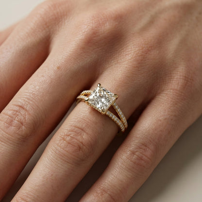 Princess Cut Lab Grown Diamond Split Shank Engagement Ring in Yellow Gold