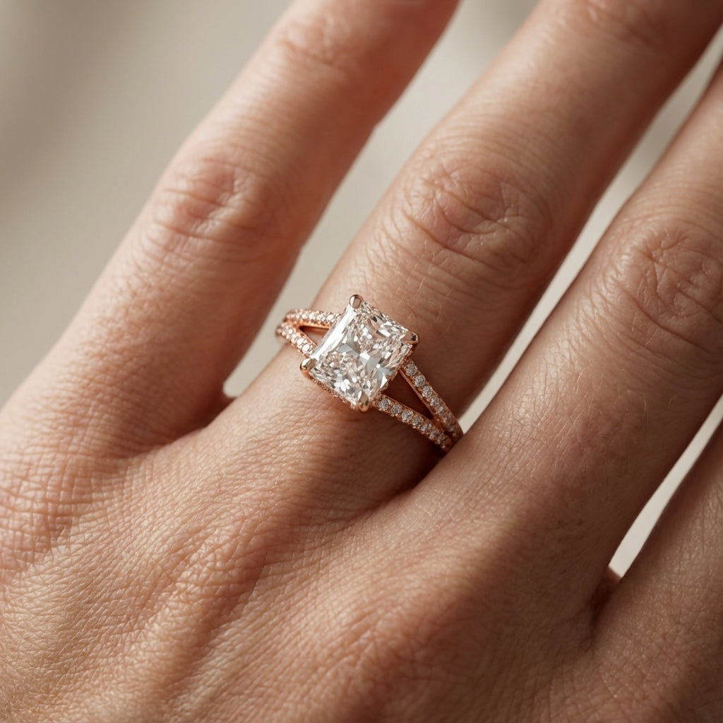 Radiant Cut Lab Grown Diamond Engagement Ring with Pavé Split Shank in Rose Gold