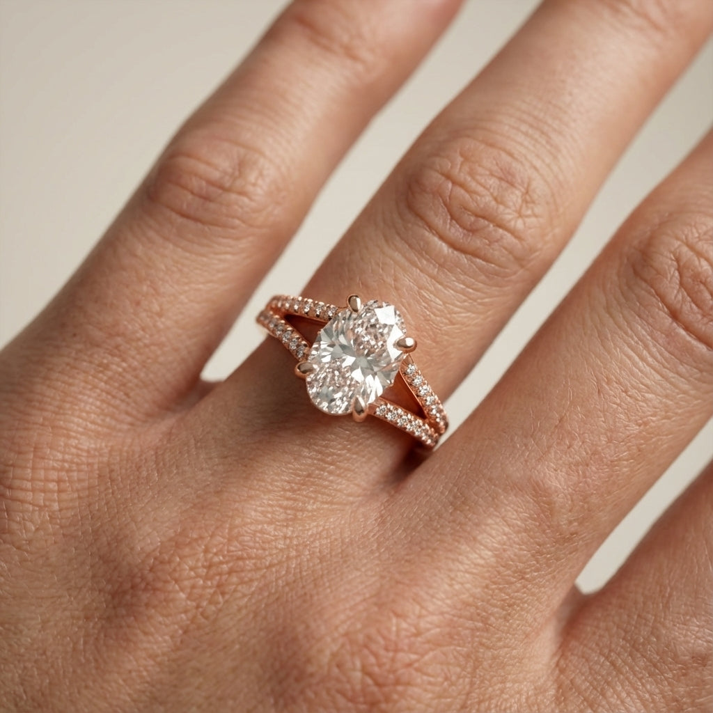 Oval Cut Lab Grown Diamond Solitaire Engagement Ring in Rose Gold with Pavé Split Shank