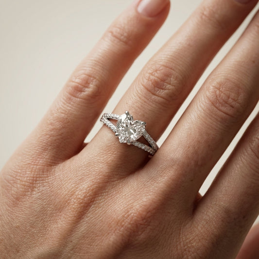 Heart Cut Lab Grown Diamond Solitaire Engagement Ring in brilliant White Gold with pavé split shank.