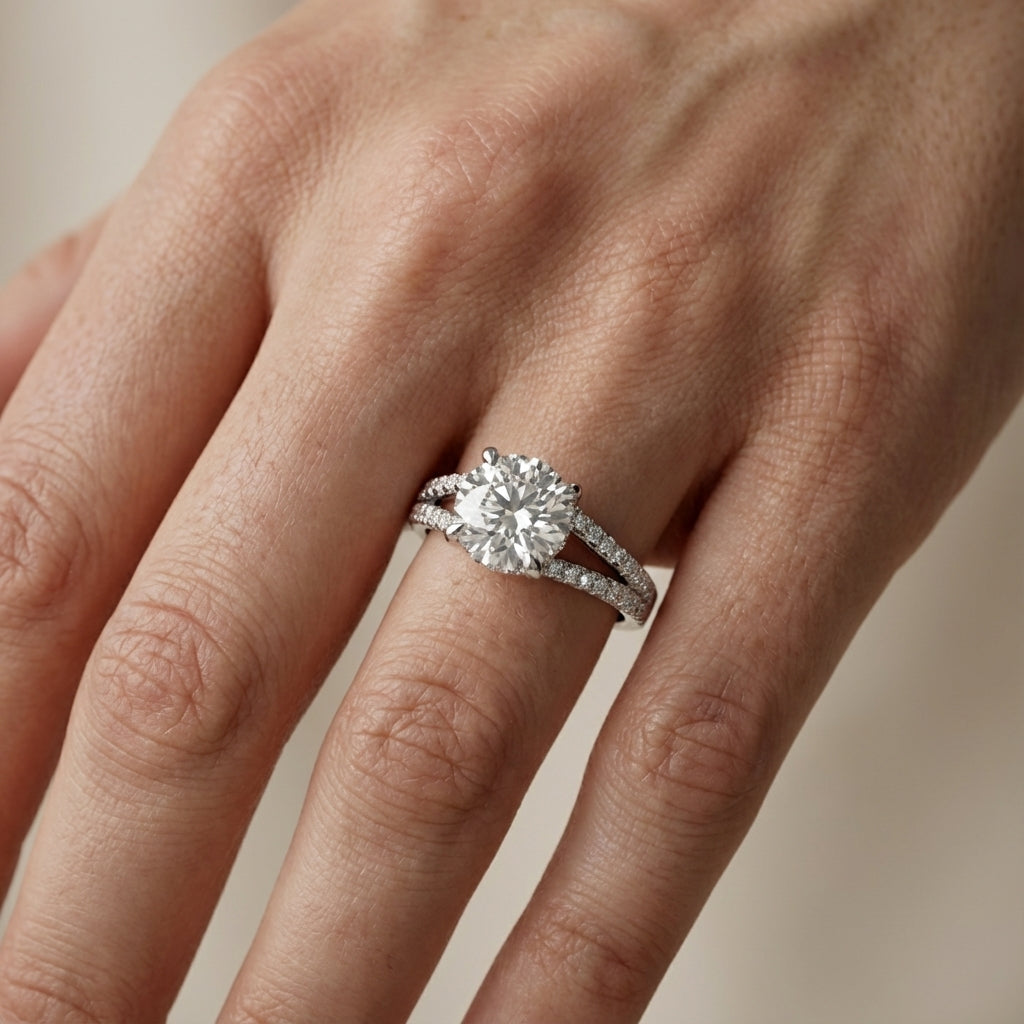 Round Cut Lab Grown Diamond Solitaire Engagement Ring with Pavé Split Shank in Silver