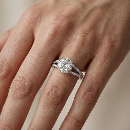 Round Cut Lab Grown Diamond Solitaire Engagement Ring with Pavé Split Shank in Silver