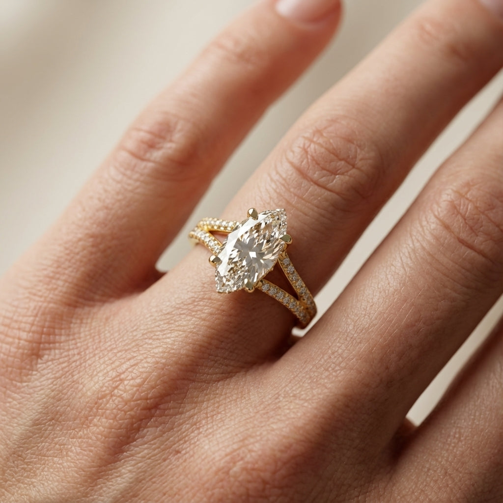 Marquise Cut Lab Grown Diamond Solitaire Engagement Ring with Pave Split Shank in Yellow Gold