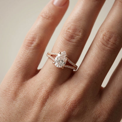 Pear Cut Lab Grown Diamond Split Shank Solitaire Engagement Ring in Rose Gold